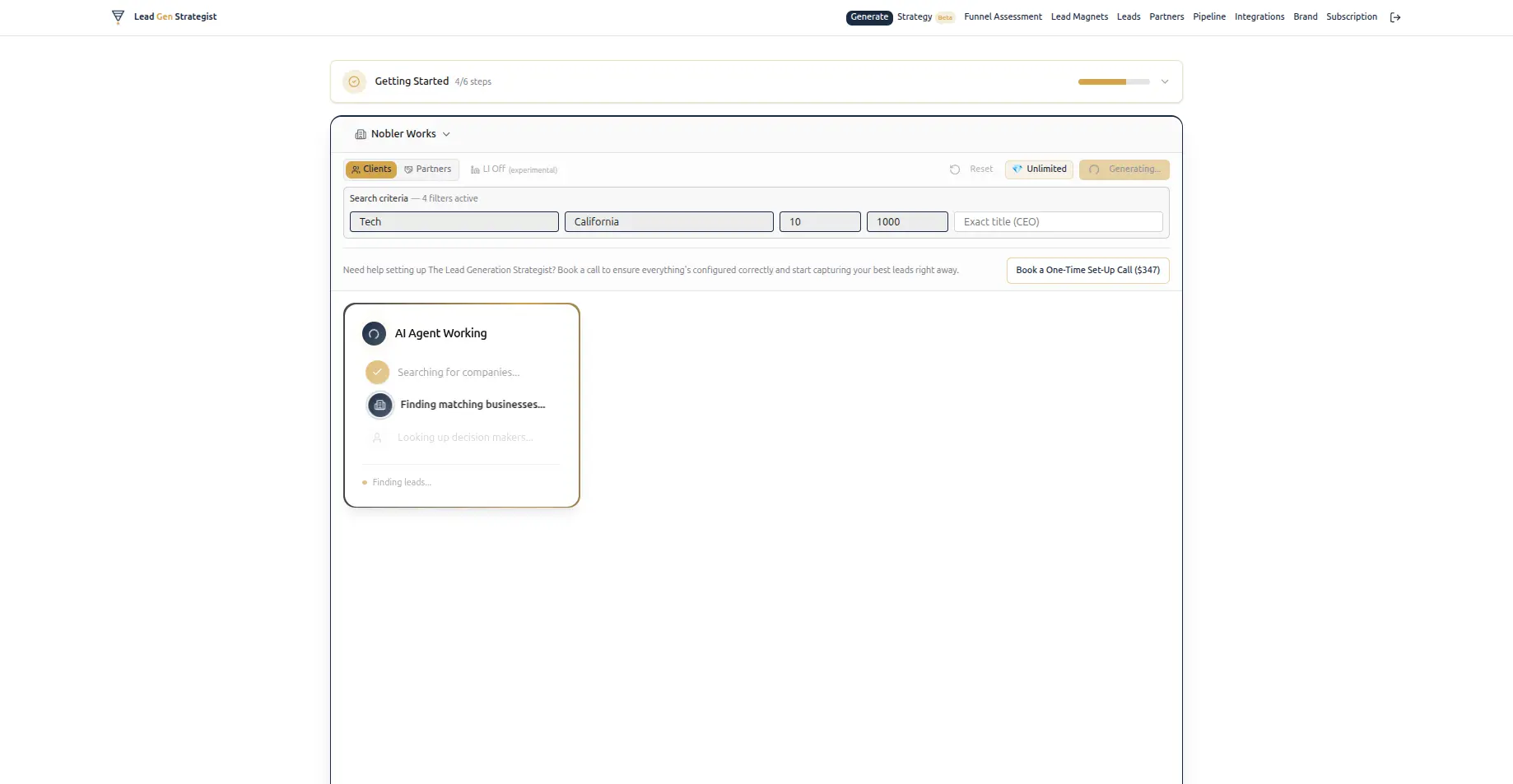 LeadGenStrategist platform showing AI agent generating leads