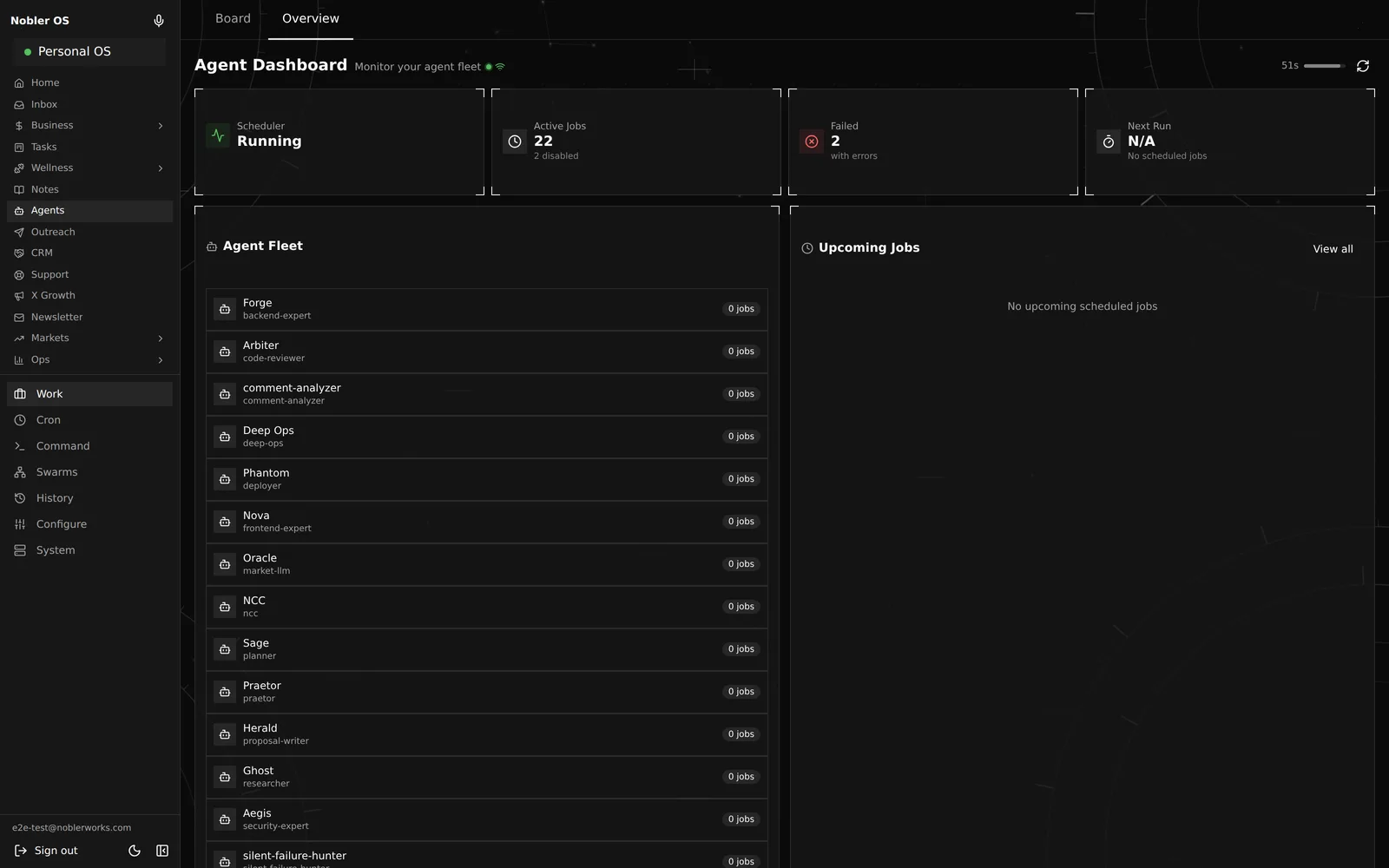 Nobler OS agent dashboard showing a fleet of named specialist AI agents, the scheduler running, and active jobs