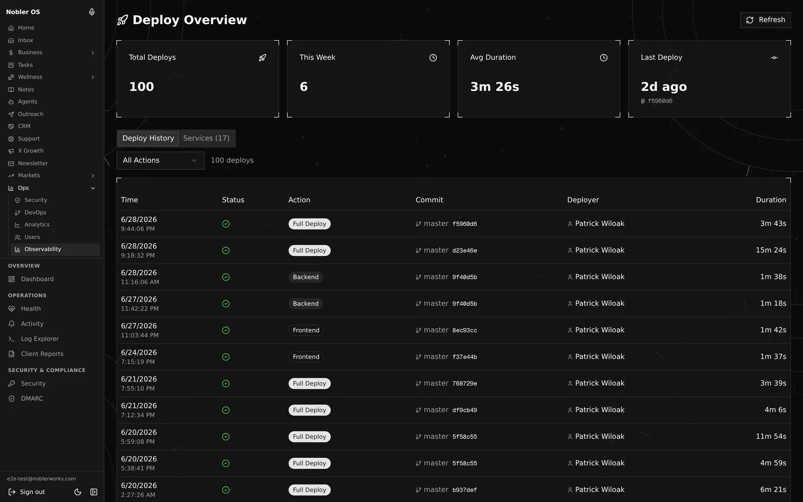 Nobler OS deploy overview with total deploys, average duration, and a full deploy history table