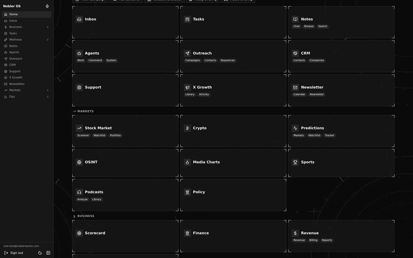 Nobler OS home dashboard showing the full grid of modules - Inbox, Tasks, Notes, Agents, Outreach, CRM, Markets and more